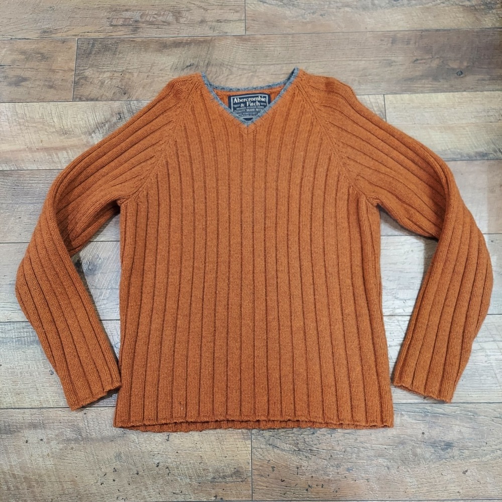 Abercrombie & Fitch Sweater Mens XL‎ Orange Lambswool Ribbed V-Neck Pullover